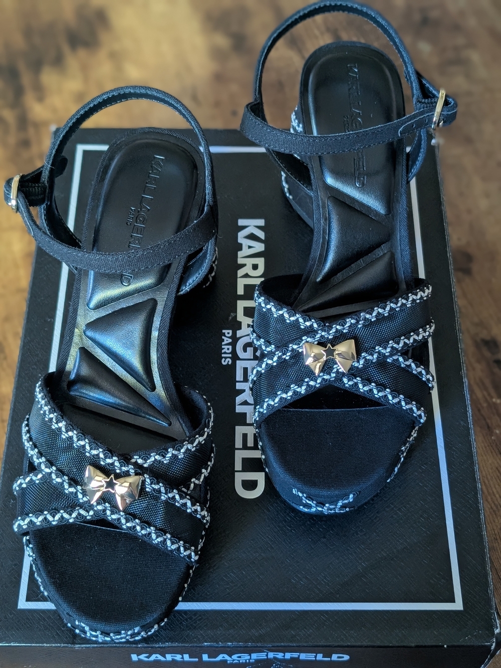 Karl Lagerfeld Black Embroidered Platform Sandals